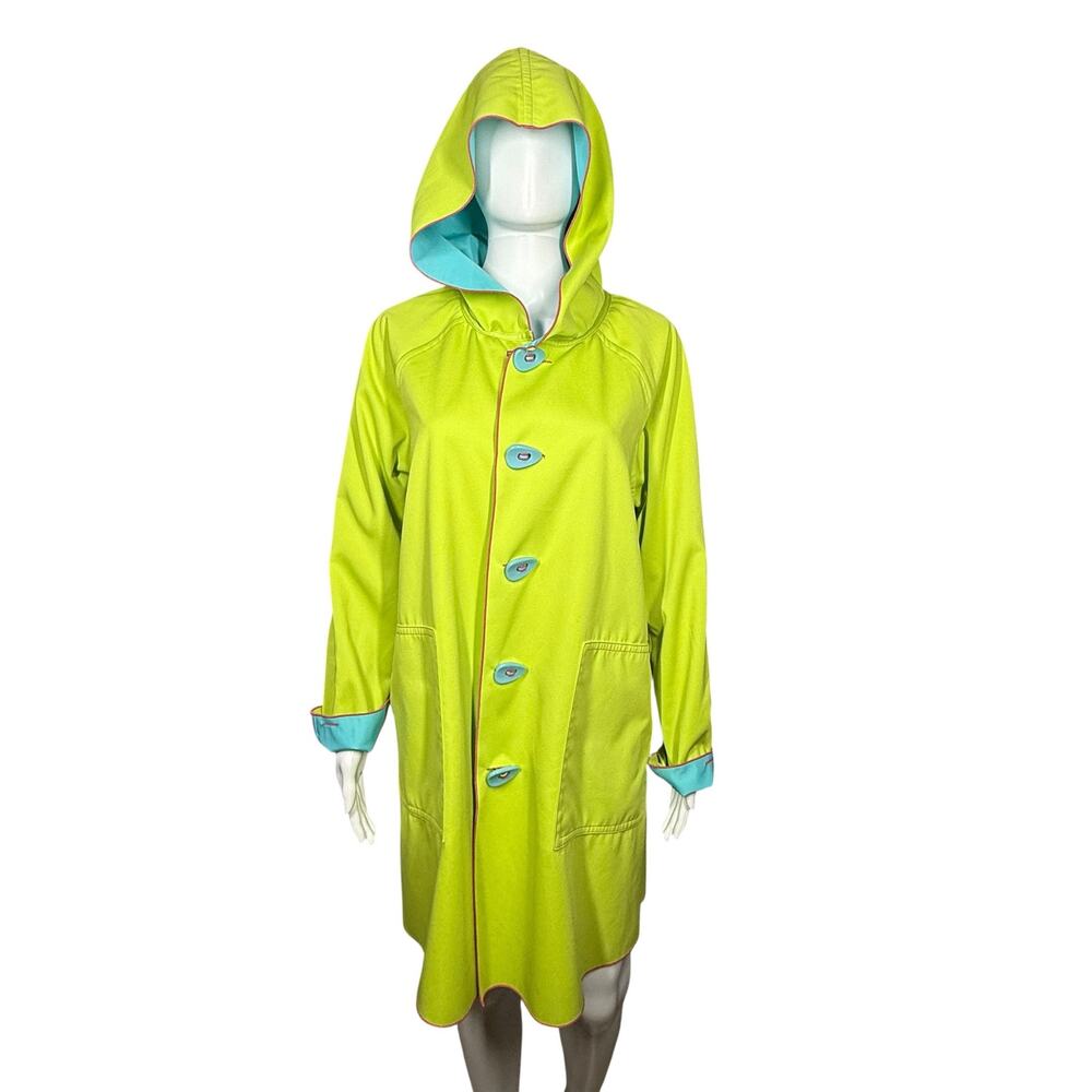 UBU Piped Reversible Parisian Style Bright Blue Lime Green Hooded Raincoat Small - Picture 4 of 11